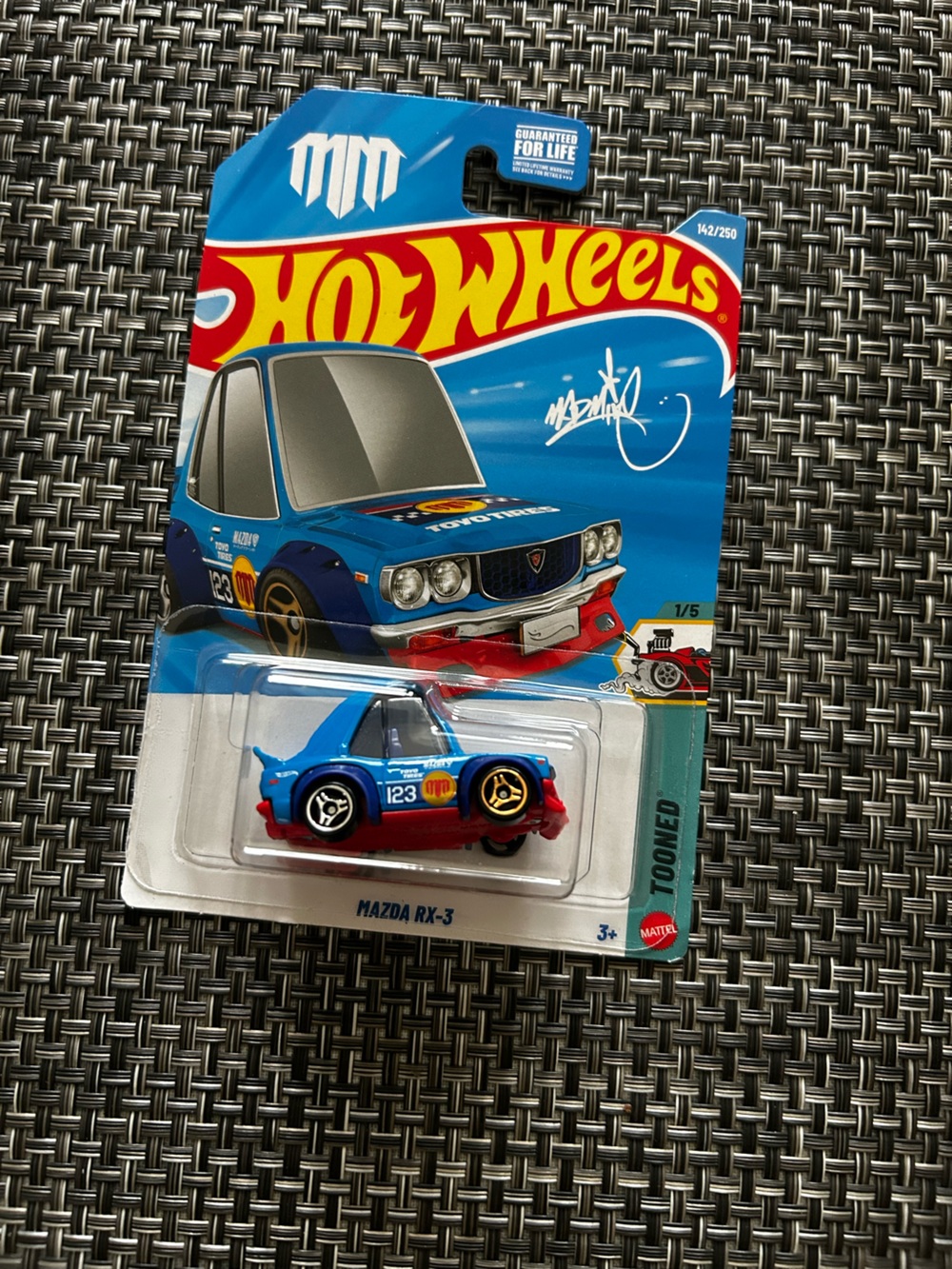 Mattel Hot Wheels Tooned Mazda RX-3 in Blue and Red with Gold Wheels